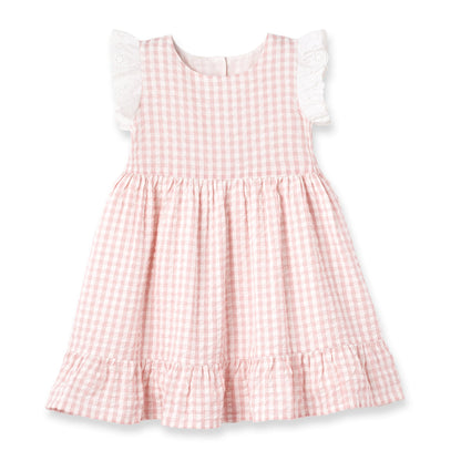 Pink Gingham Cotton Dress with Eyelet Flutter Sleeves