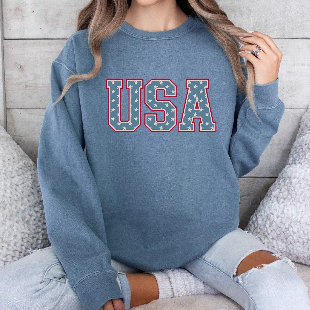 Unisex Adult USA Stars on Comfort Colors Crewneck Sweatshirt - Little Joy Co.