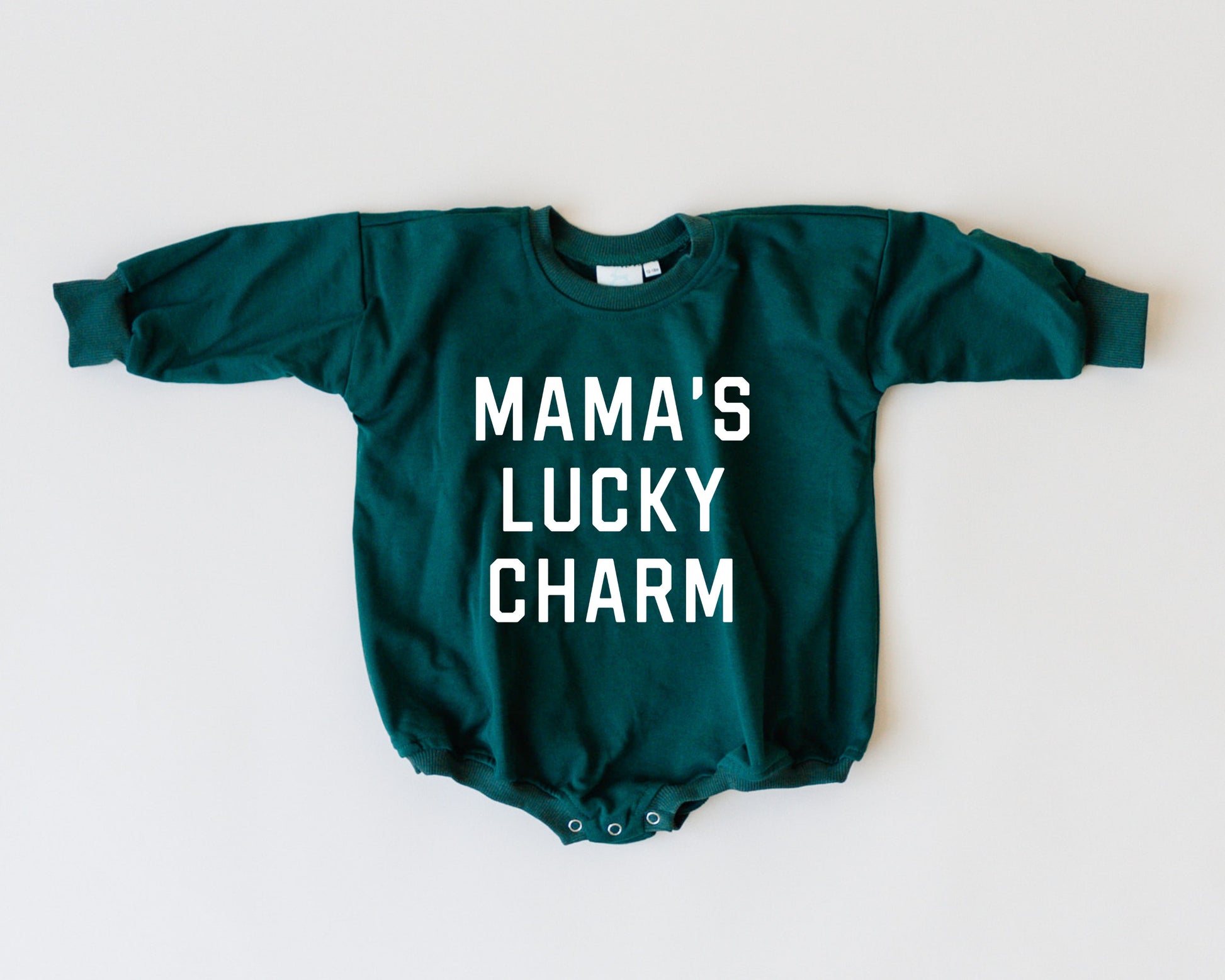 MAMA'S LUCKY CHARM St. Patrick's Day Graphic Oversized Sweatshirt Romper - Sweatshirt Bubble Romper - Baby Boy Clothes - St Patty's - Girl