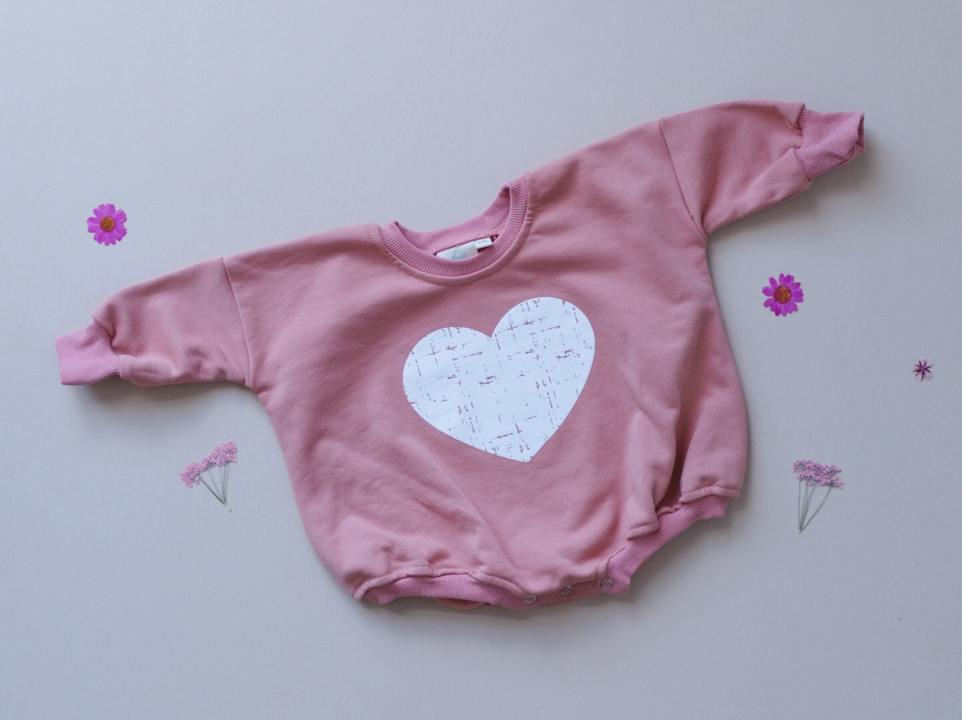 Distressed Heart Graphic Oversized Sweatshirt Romper - Grunge Heart Sweatshirt Bubble Romper - Baby Girl Clothes - V-Day - Valentines Day