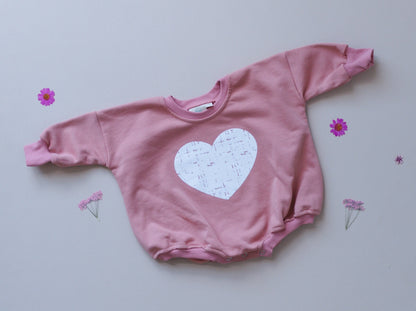 Distressed Heart Graphic Oversized Sweatshirt Romper - Grunge Heart Sweatshirt Bubble Romper - Baby Girl Clothes - V-Day - Valentines Day