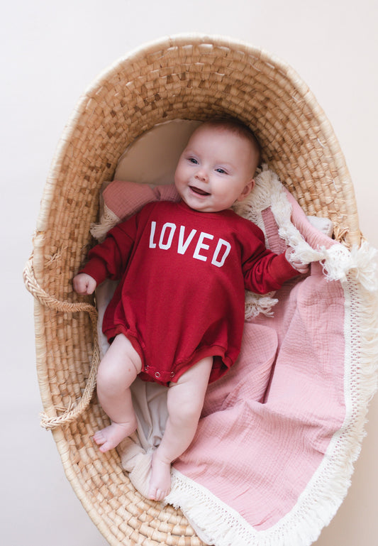 LOVED Graphic Oversized Sweatshirt Romper - Sweatshirt Bubble Romper - Baby Boy Clothes - Valentine's Day - Baby Girl Outfit