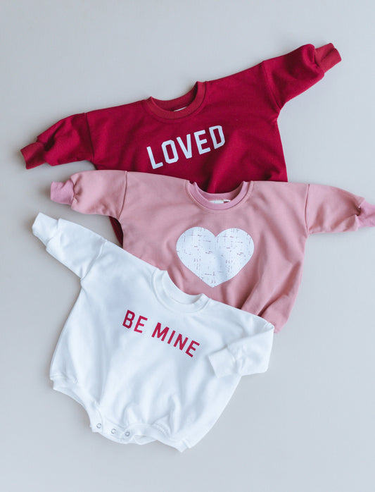 Distressed Heart Graphic Oversized Sweatshirt Romper - Grunge Heart Sweatshirt Bubble Romper - Baby Girl Clothes - V-Day - Valentines Day