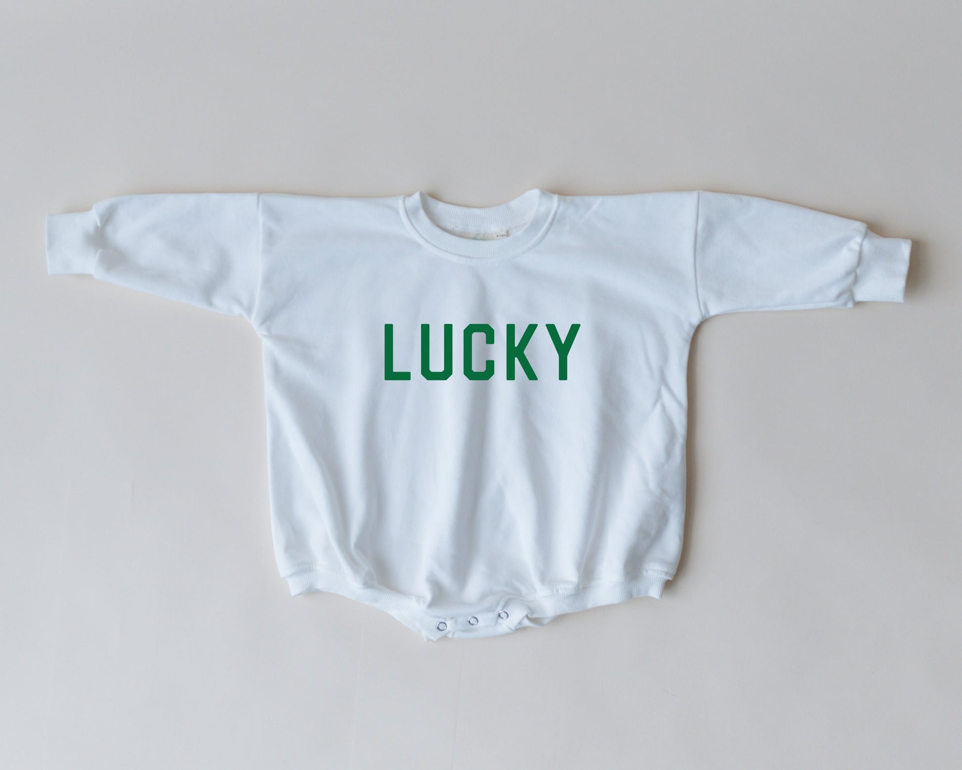 LUCKY St. Patrick's Day Graphic Oversized Sweatshirt Romper - Green Sweatshirt Bubble Romper - Baby Boy Clothes - St Patty's - Baby Girl