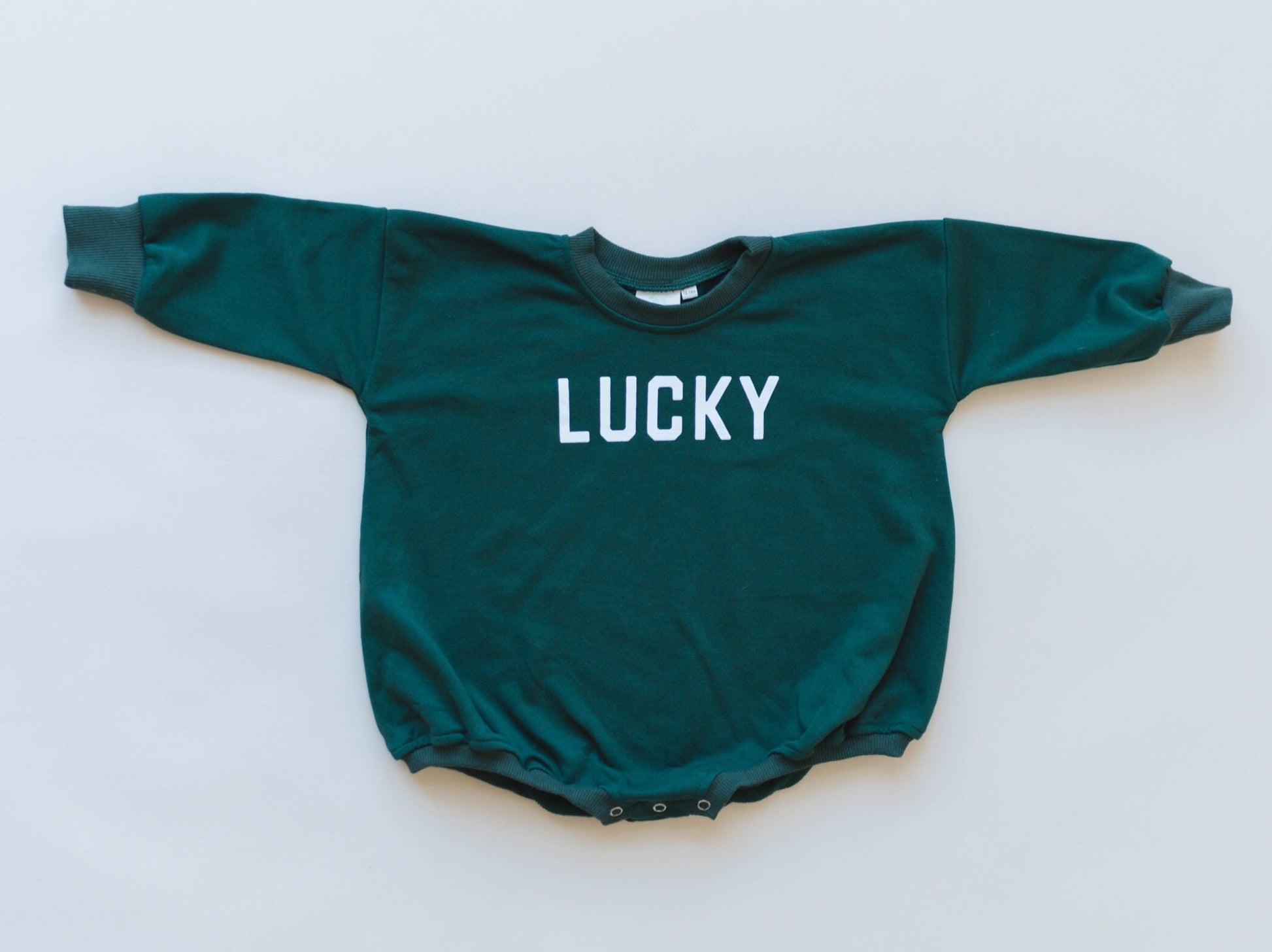 LUCKY St. Patrick's Day Graphic Oversized Sweatshirt Romper - Green Sweatshirt Bubble Romper - Baby Boy Clothes - St Patty's - Baby Girl