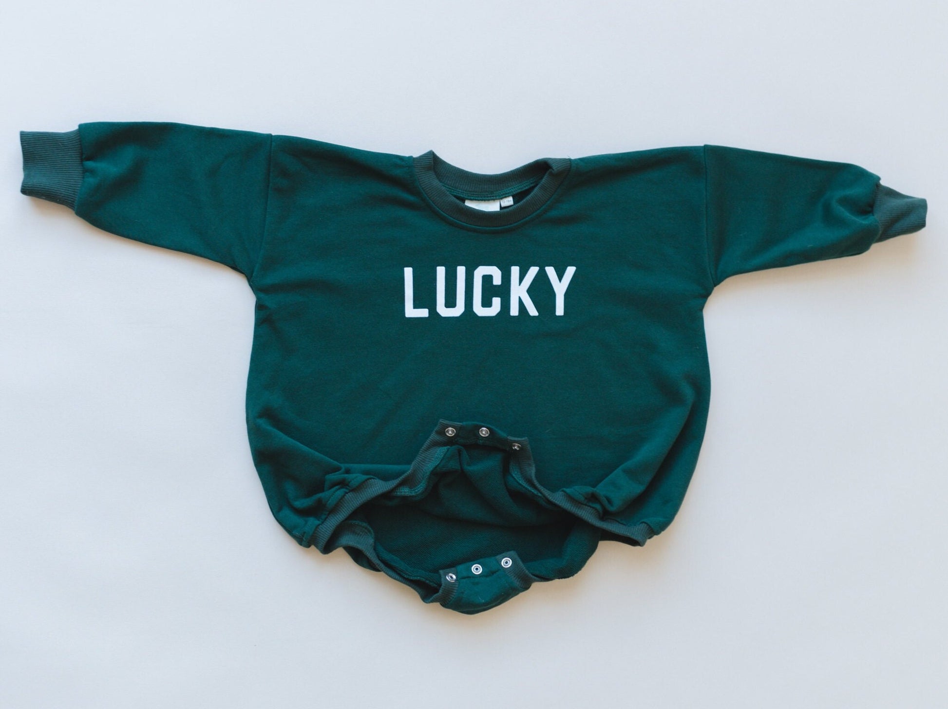 LUCKY St. Patrick's Day Graphic Oversized Sweatshirt Romper - Green Sweatshirt Bubble Romper - Baby Boy Clothes - St Patty's - Baby Girl