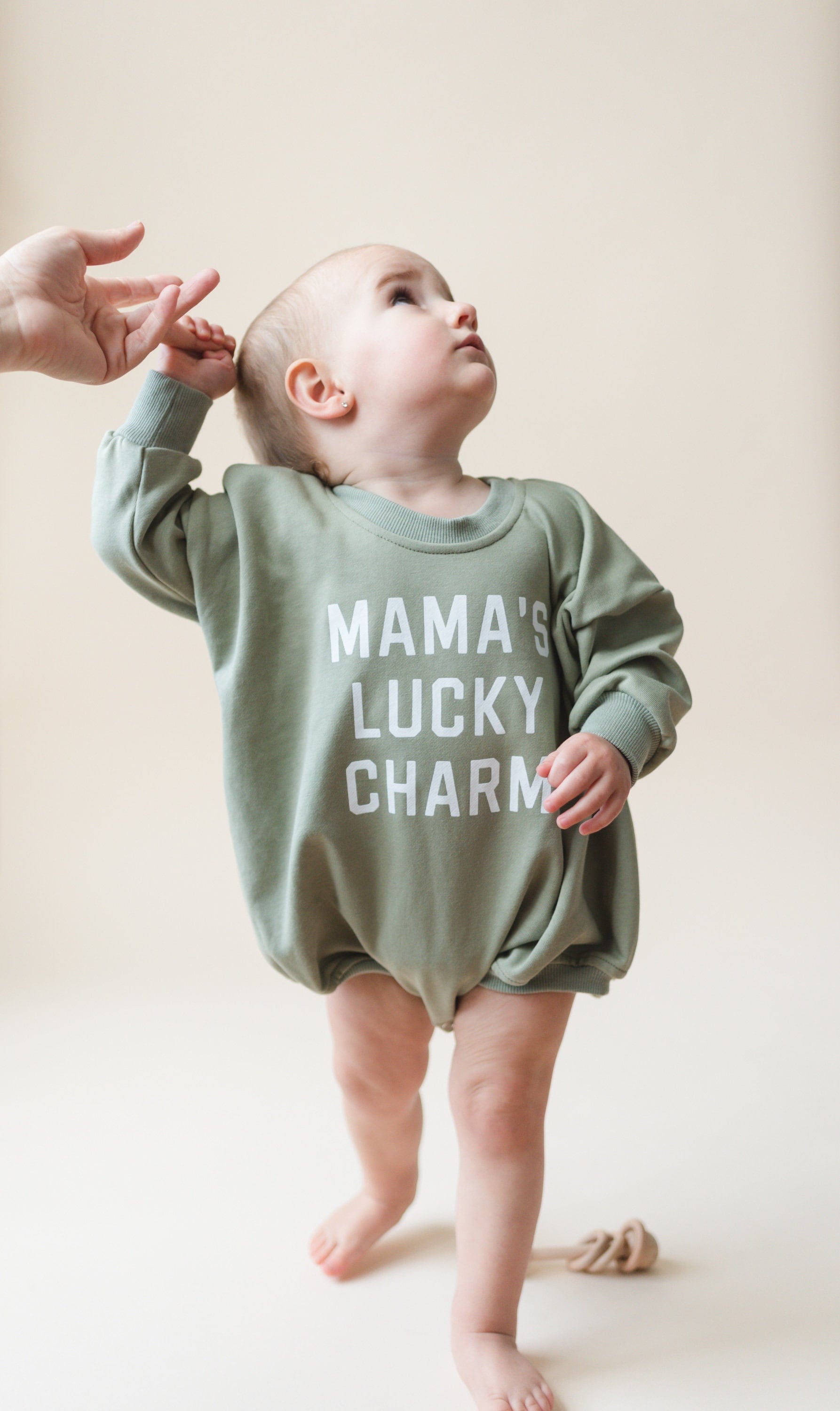 MAMA'S LUCKY CHARM St. Patrick's Day Graphic Oversized Sweatshirt Romper - Sweatshirt Bubble Romper - Baby Boy Clothes - St Patty's - Girl