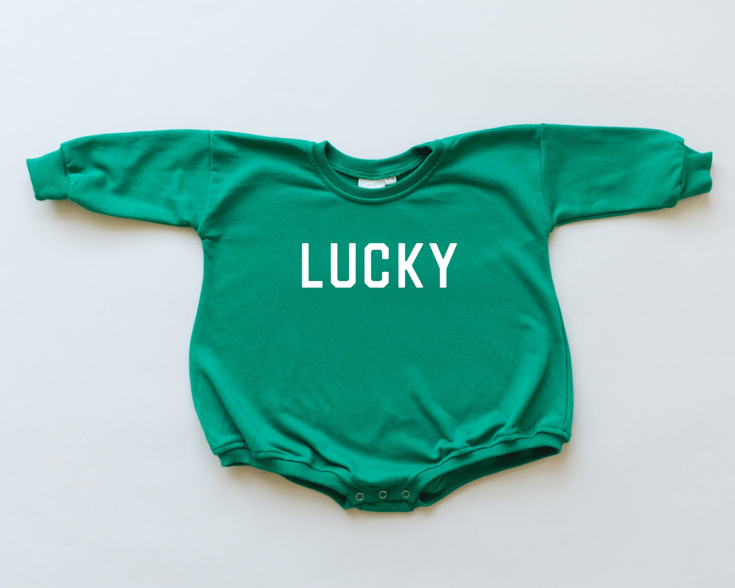 LUCKY St. Patrick's Day Graphic Oversized Sweatshirt Romper - Green Sweatshirt Bubble Romper - Baby Boy Clothes - St Patty's - Baby Girl