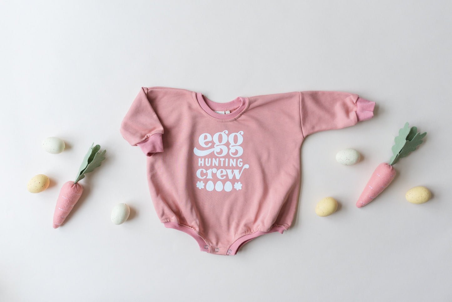 Egg Hunting Crew Easter Graphic Oversized Sweatshirt Romper - Sweatshirt Bubble Romper - Baby Boy Clothes - Sibling Cousins - Easter Outfit