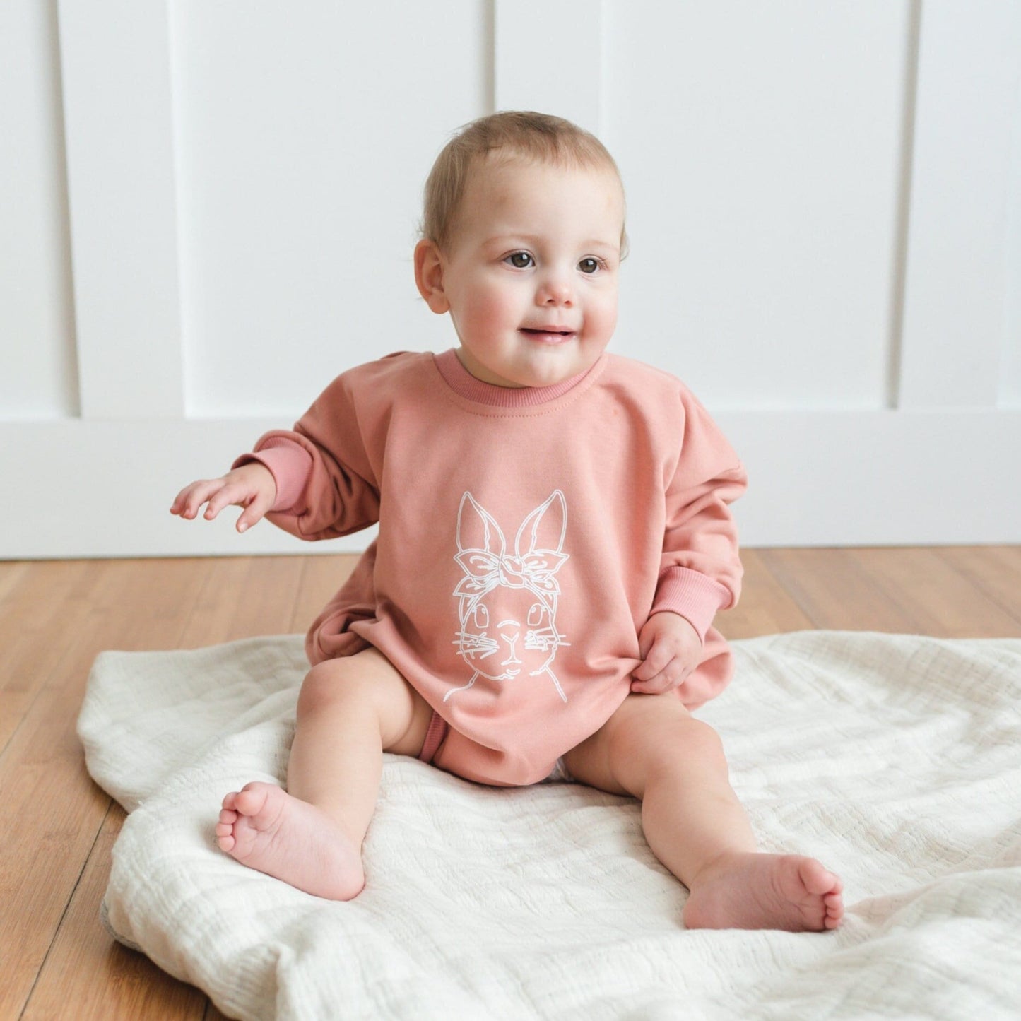 Baby Girl Bunny Easter Graphic Oversized Sweatshirt Romper - Rabbit Sweatshirt Bubble Romper - Baby Girl Clothes - Baby Girl Easter Shirt