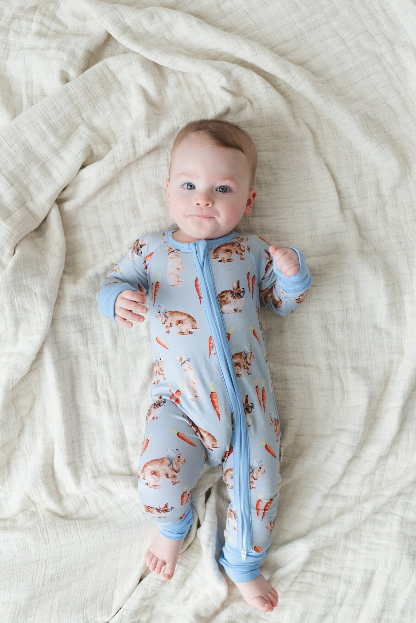 HOPPY DUDES Baby Bamboo Baby Pajamas - Rabbit Bunny Bamboo Zipper Romper - Convertible Romper PJs - Footie Pajamas - Zippy PJs - Baby Boy