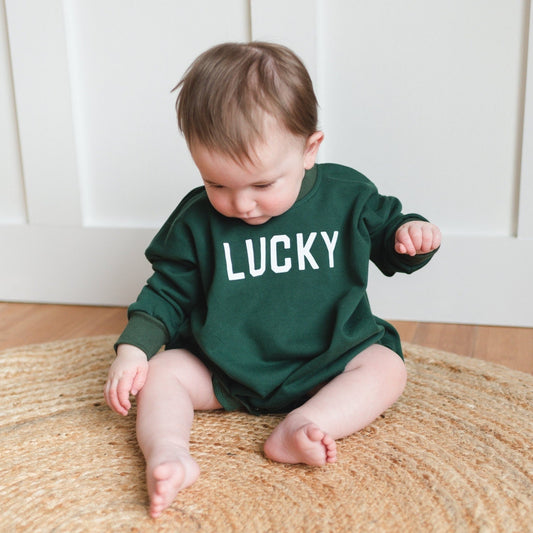 LUCKY St. Patrick's Day Graphic Oversized Sweatshirt Romper - Green Sweatshirt Bubble Romper - Baby Boy Clothes - St Patty's - Baby Girl