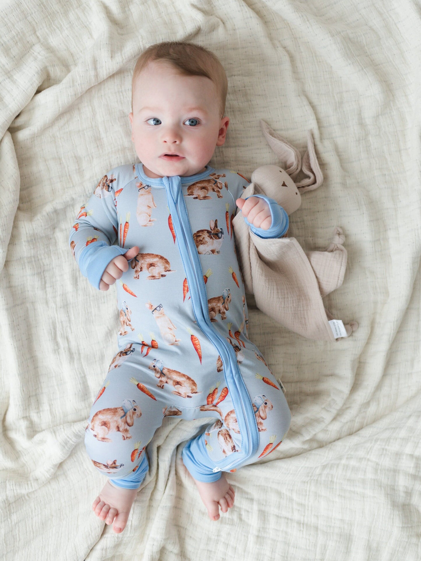 HOPPY DUDES Baby Bamboo Baby Pajamas - Rabbit Bunny Bamboo Zipper Romper - Convertible Romper PJs - Footie Pajamas - Zippy PJs - Baby Boy