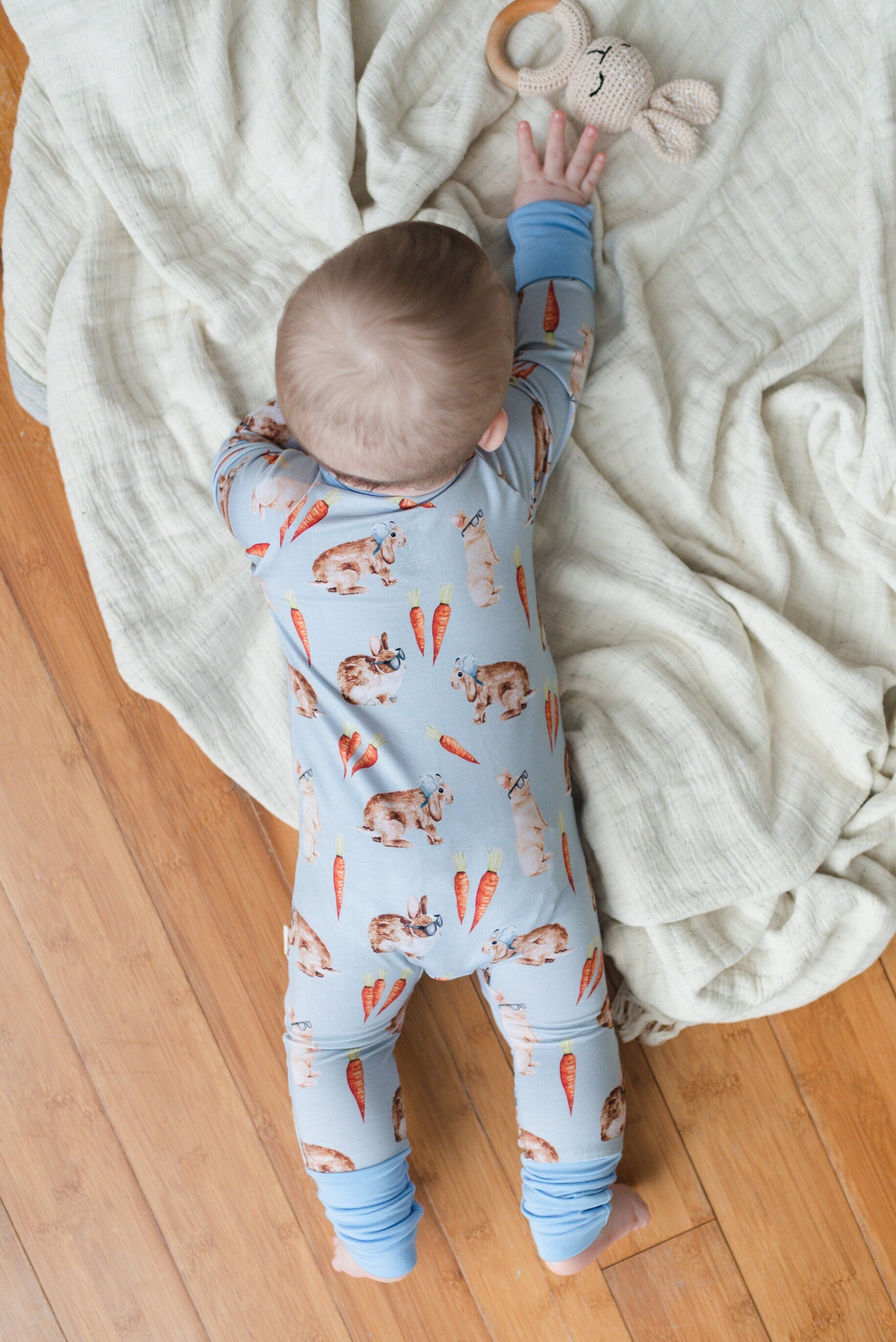 HOPPY DUDES Baby Bamboo Baby Pajamas - Rabbit Bunny Bamboo Zipper Romper - Convertible Romper PJs - Footie Pajamas - Zippy PJs - Baby Boy
