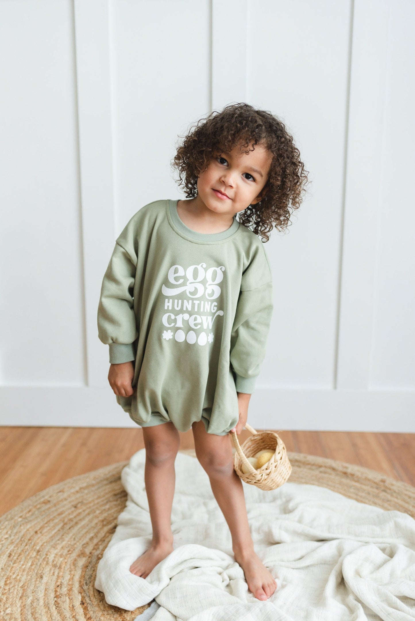 Egg Hunting Crew Easter Graphic Oversized Sweatshirt Romper - Sweatshirt Bubble Romper - Baby Boy Clothes - Sibling Cousins - Easter Outfit