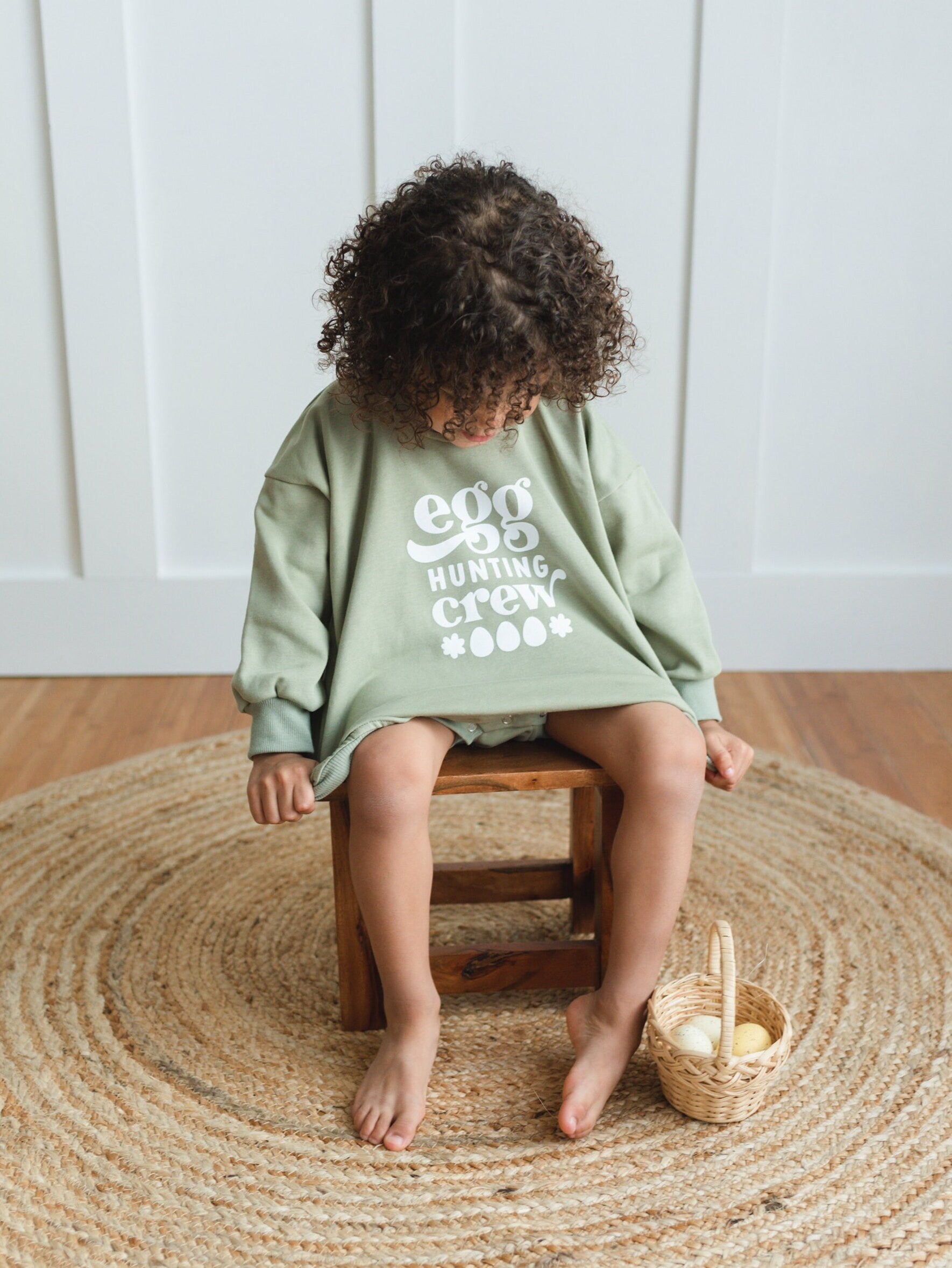 Egg Hunting Crew Easter Graphic Oversized Sweatshirt Romper - Sweatshirt Bubble Romper - Baby Boy Clothes - Sibling Cousins - Easter Outfit