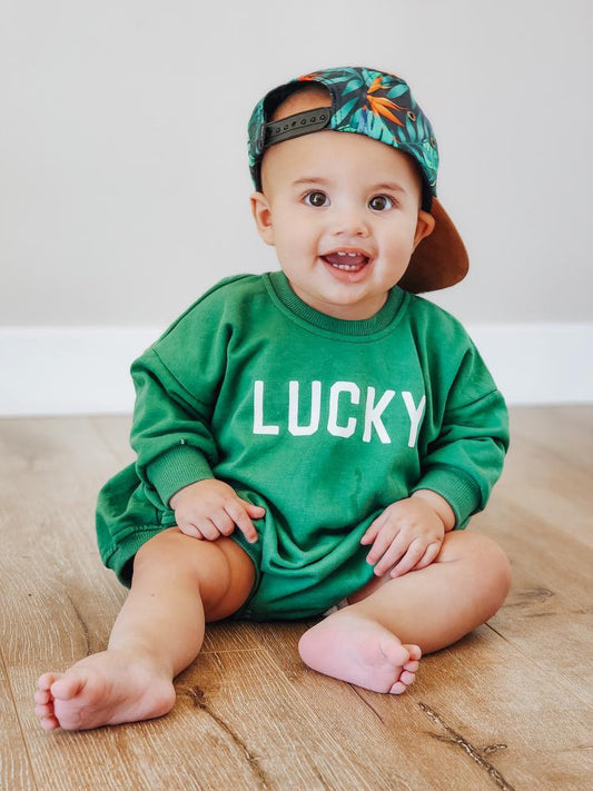 LUCKY St. Patrick's Day Graphic Oversized Sweatshirt Romper - Green Sweatshirt Bubble Romper - Baby Boy Clothes - St Patty's - Baby Girl