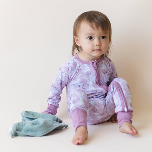 Purple Bunny Bamboo Baby Pajamas - Baby Girl Rabbit Bamboo Zipper Romper - Convertible Romper PJs - Footie Pajamas - Sleeper Zippy PJs