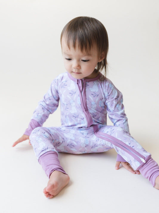 Purple Bunny Bamboo Baby Pajamas - Baby Girl Rabbit Bamboo Zipper Romper - Convertible Romper PJs - Footie Pajamas - Sleeper Zippy PJs