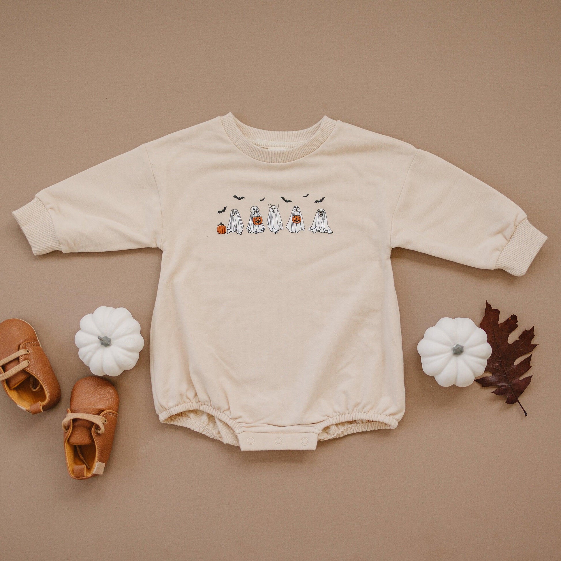 Ghost Dogs Organic Cotton Oversized Sweatshirt Romper - Baby Girl Bubble Romper - Fall Baby Boy Outfit - Halloween Ghosts Dog Print