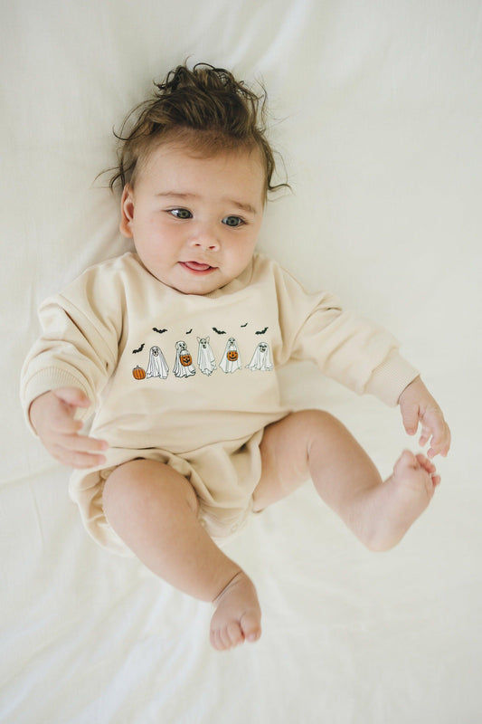 Ghost Dogs Organic Cotton Oversized Sweatshirt Romper - Baby Girl Bubble Romper - Fall Baby Boy Outfit - Halloween Ghosts Dog Print