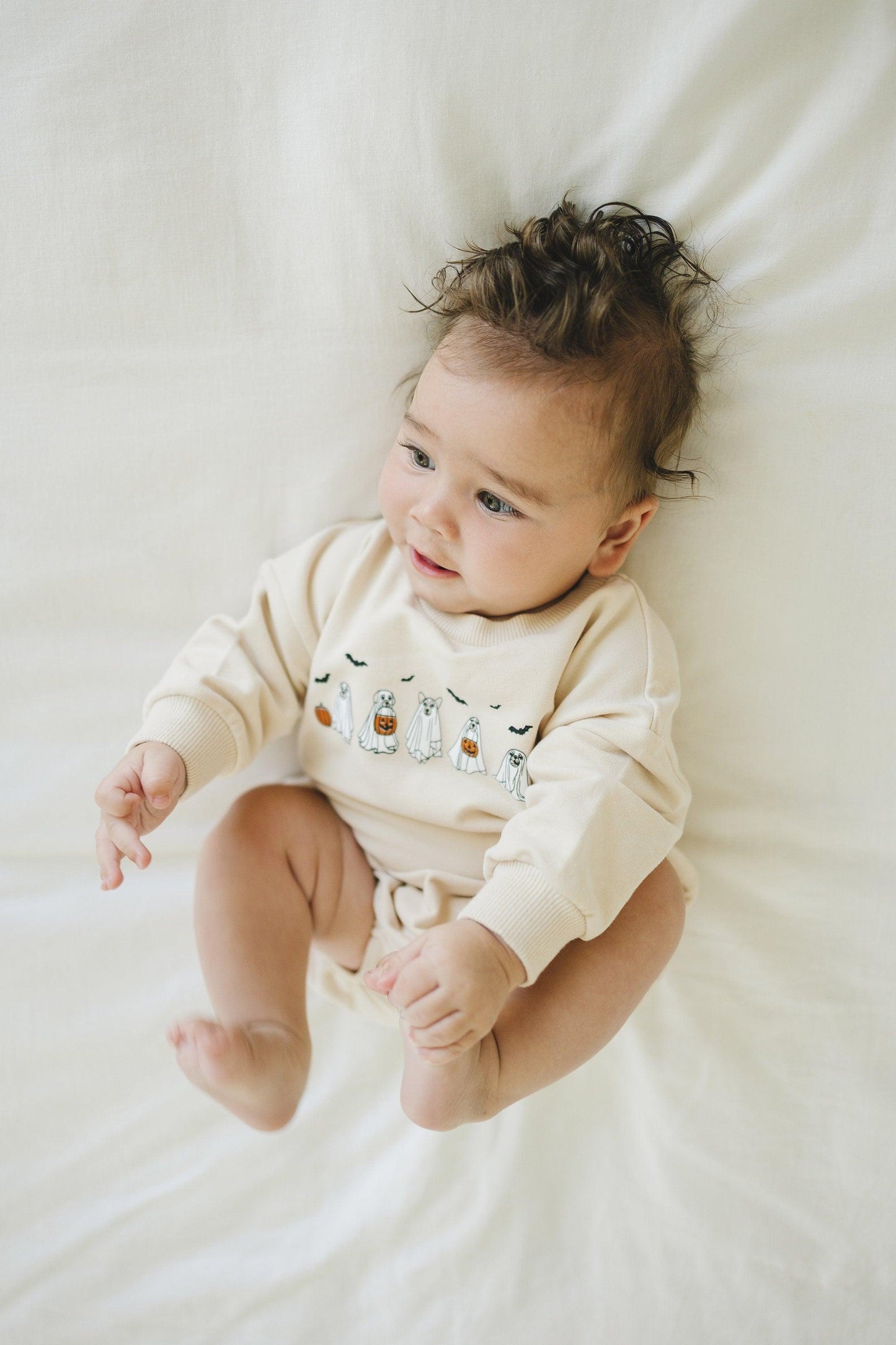 Ghost Dogs Organic Cotton Oversized Sweatshirt Romper - Baby Girl Bubble Romper - Fall Baby Boy Outfit - Halloween Ghosts Dog Print