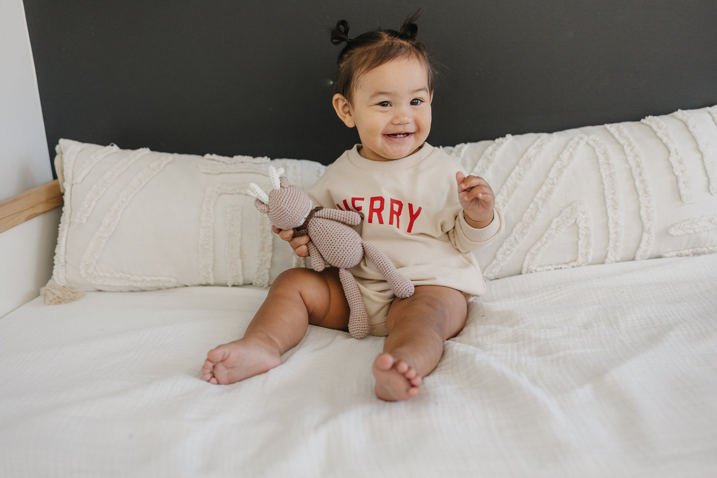 MERRY Graphic Organic Cotton Oversized Sweatshirt Romper - Baby Boy Bubble Romper - Baby Girl Outfit - Christmas Baby Outfit Winter Xmas