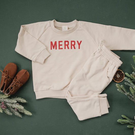 MERRY Graphic Organic Cotton 2pc Jogger Set - Baby Sweatsuit - Crewneck Sweatshirt & Pants - Christmas Baby Outfit Winter - Girl Boy Outfit