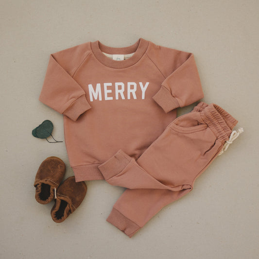 MERRY Graphic Organic Cotton 2pc Jogger Set - Baby Sweatsuit - Crewneck Sweatshirt & Pants - Christmas Baby Outfit Winter - Girl Boy Outfit