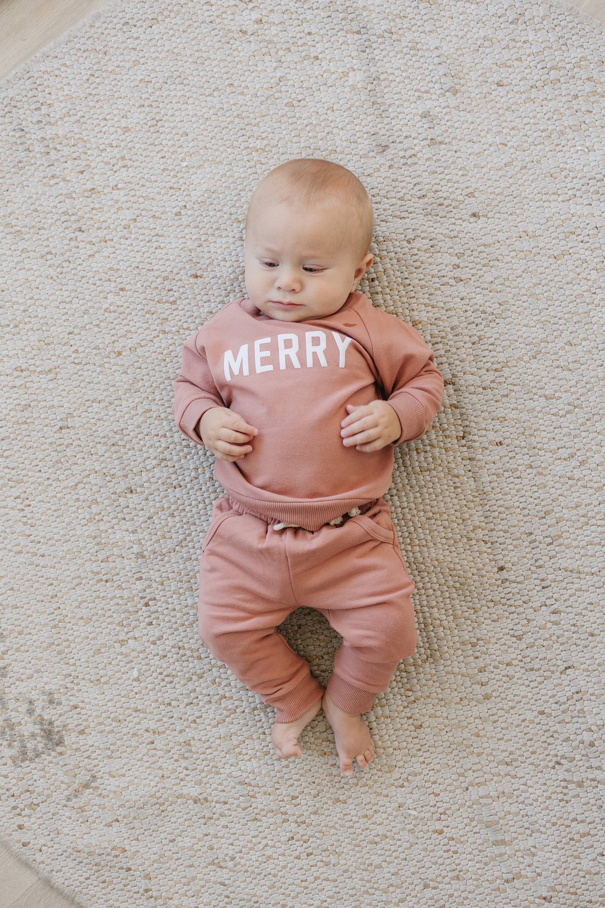 MERRY Graphic Organic Cotton 2pc Jogger Set - Baby Sweatsuit - Crewneck Sweatshirt & Pants - Christmas Baby Outfit Winter - Girl Boy Outfit