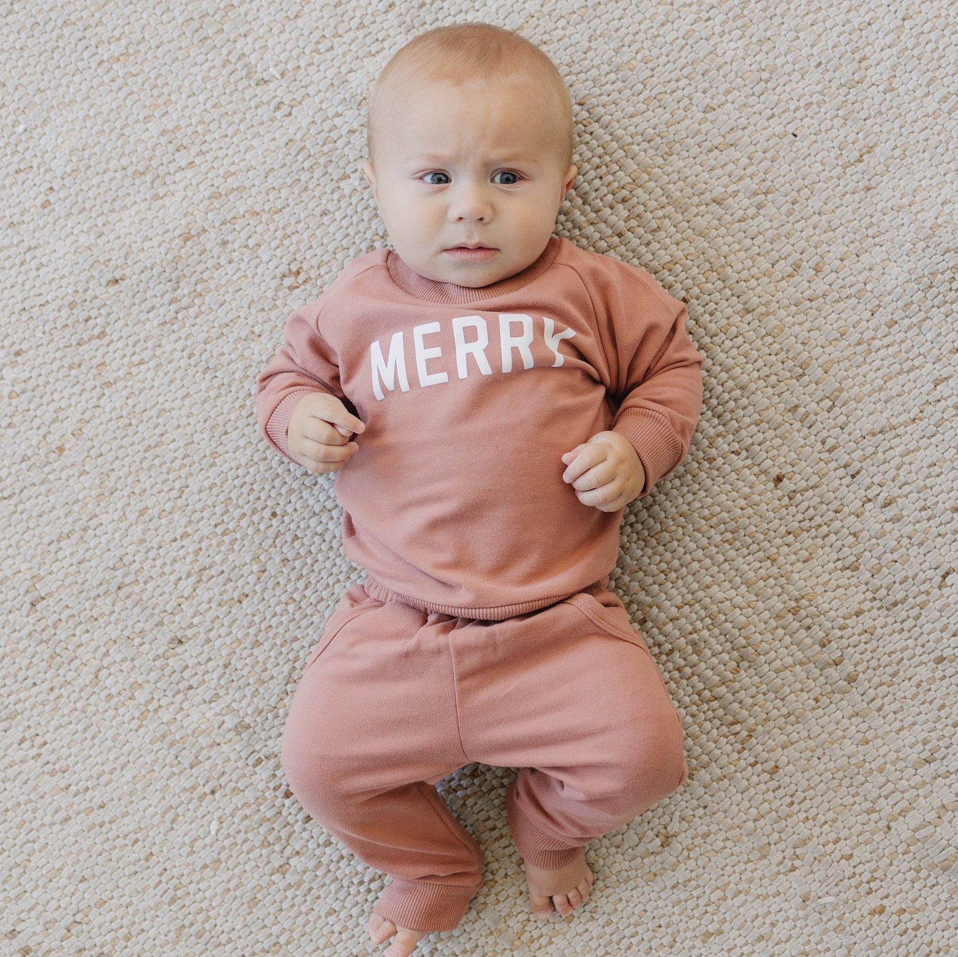 MERRY Graphic Organic Cotton 2pc Jogger Set - Baby Sweatsuit - Crewneck Sweatshirt & Pants - Christmas Baby Outfit Winter - Girl Boy Outfit