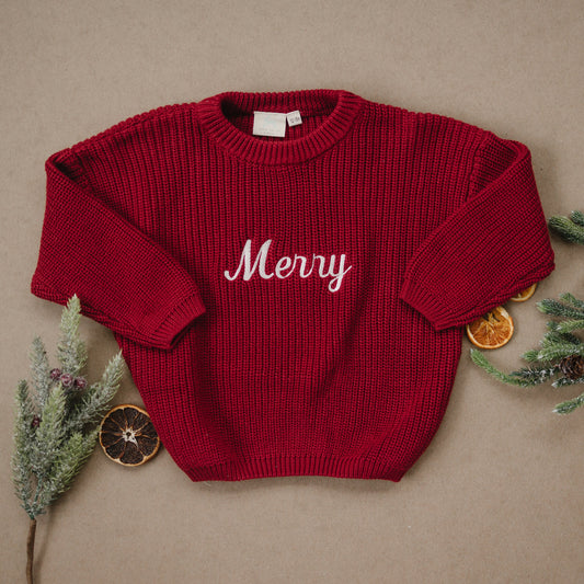 Merry Embroidered Oversized Chunky Knit Sweater - Red Christmas Sweater - Girl Boy Baby Toddler - Merry Christmas - Xmas Theme