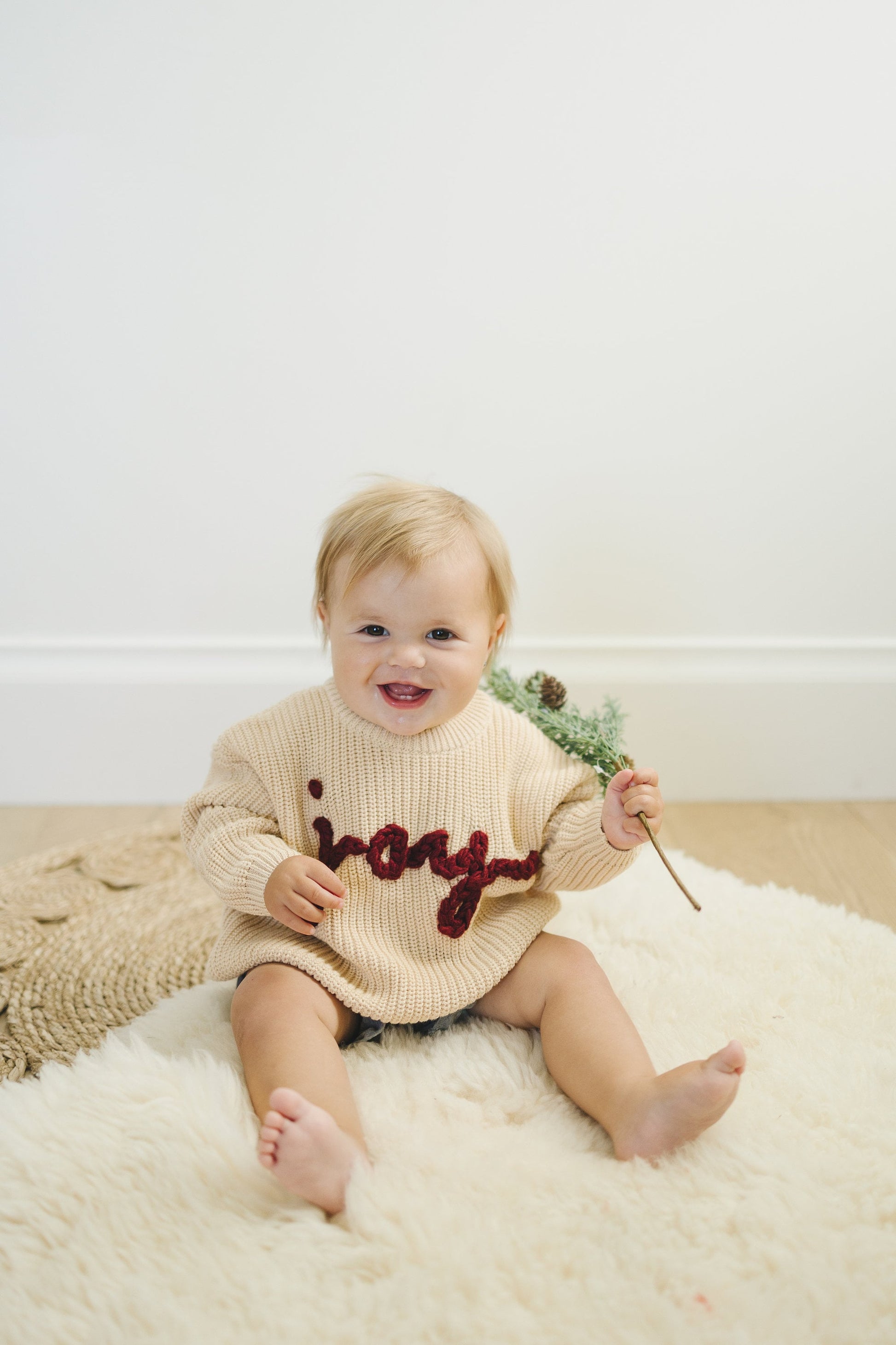 Joy Hand Embroidered Chunky Knit Sweater for Babies & Toddlers - Christmas Embroidered Baby Sweater - Baby Boy or Girl