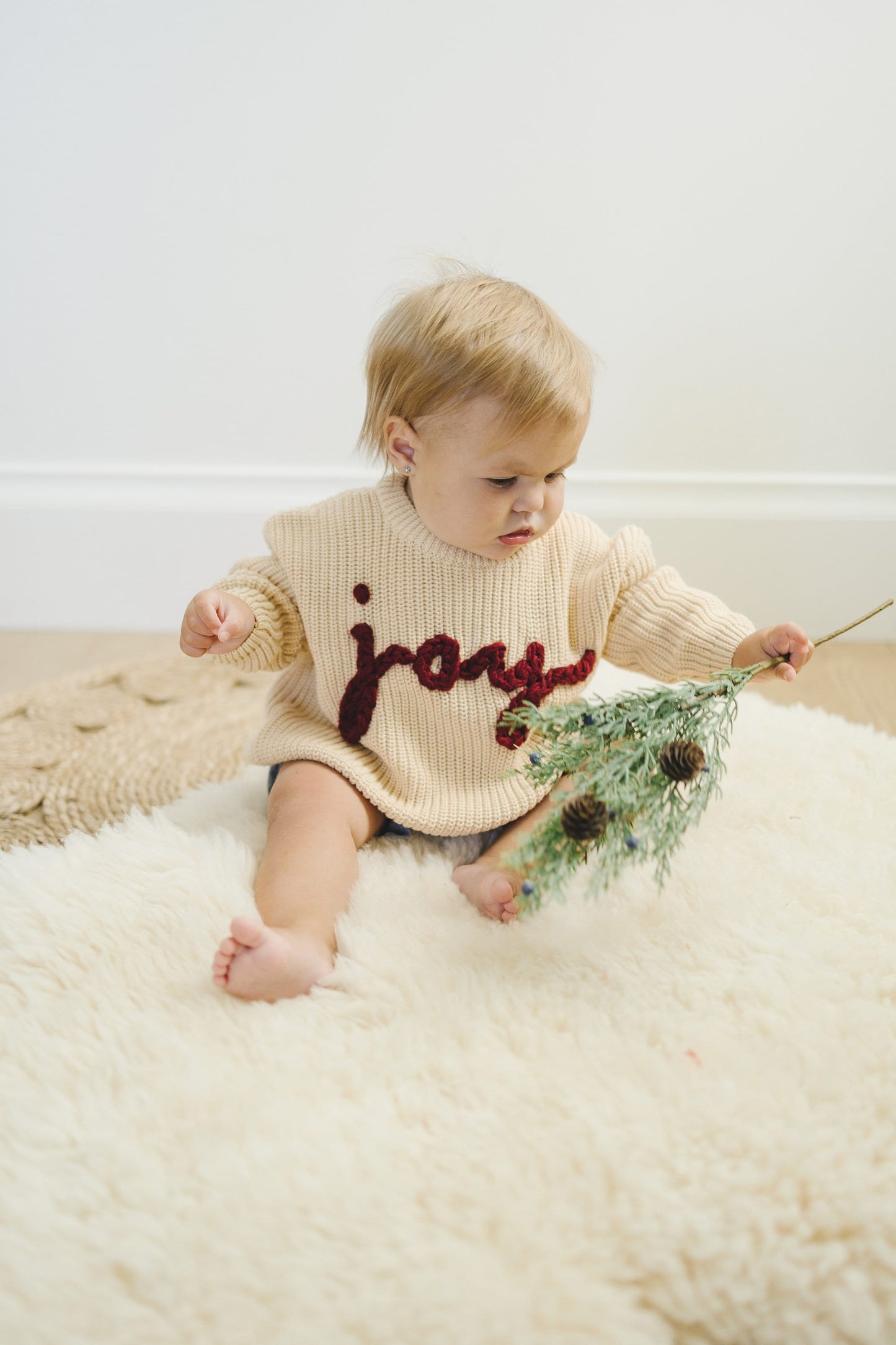 Joy Hand Embroidered Chunky Knit Sweater for Babies & Toddlers - Christmas Embroidered Baby Sweater - Baby Boy or Girl