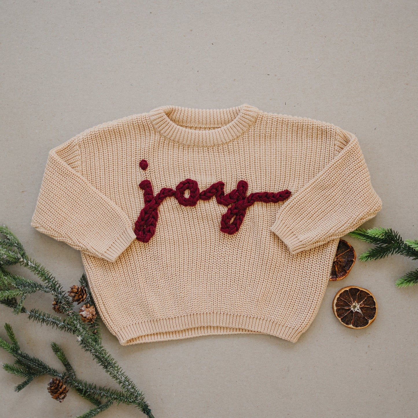 Joy Hand Embroidered Chunky Knit Sweater for Babies & Toddlers - Christmas Embroidered Baby Sweater - Baby Boy or Girl