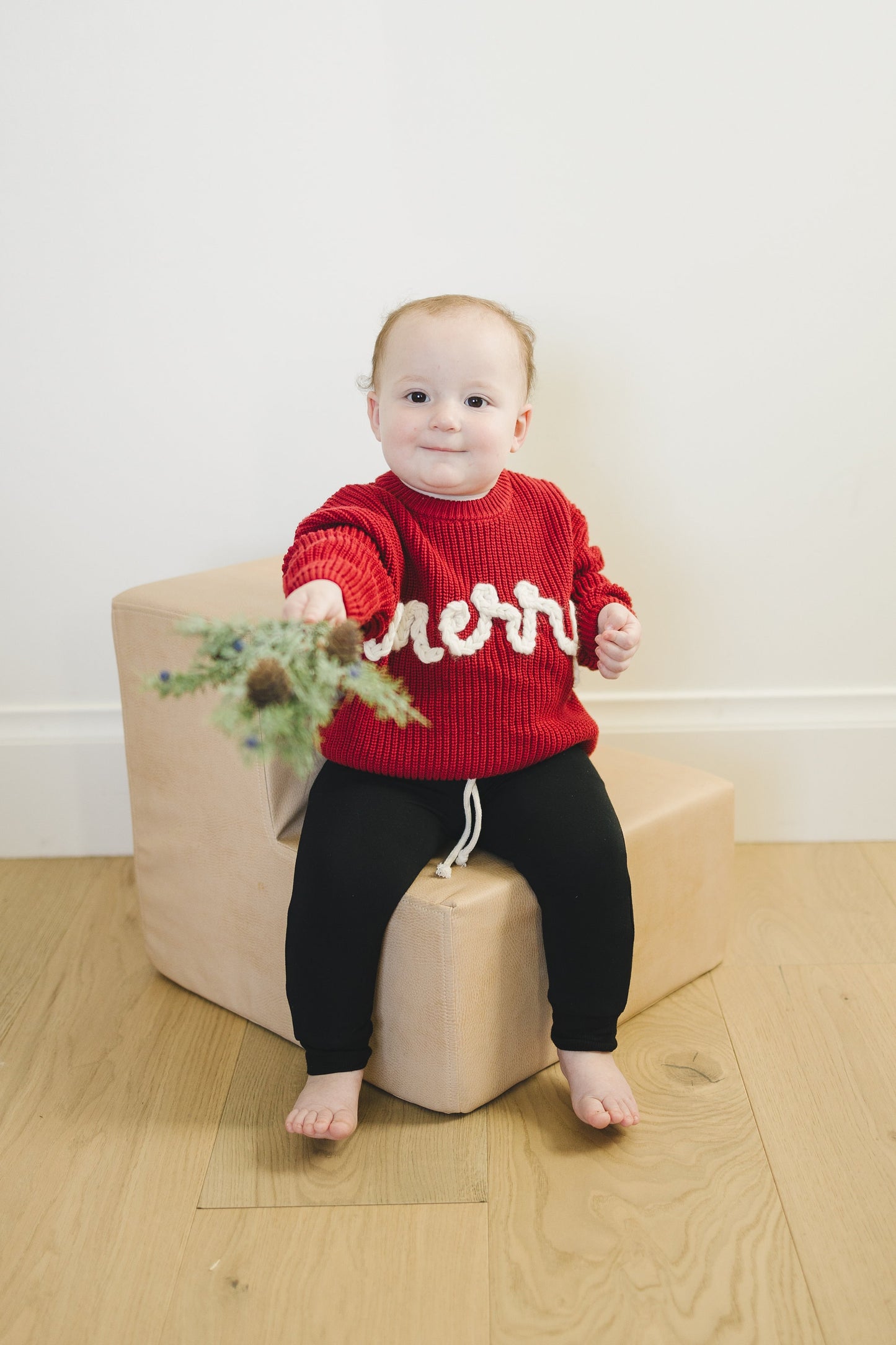 Merry Hand Embroidered Chunky Knit Sweater for Babies & Toddlers - Christmas Embroidered Baby Sweater - Baby Boy or Girl - Red