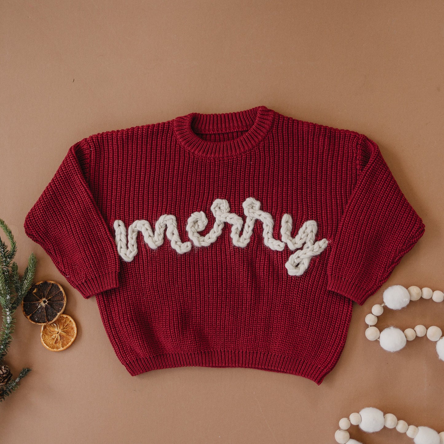 Merry Hand Embroidered Chunky Knit Sweater for Babies & Toddlers - Christmas Embroidered Baby Sweater - Baby Boy or Girl - Red