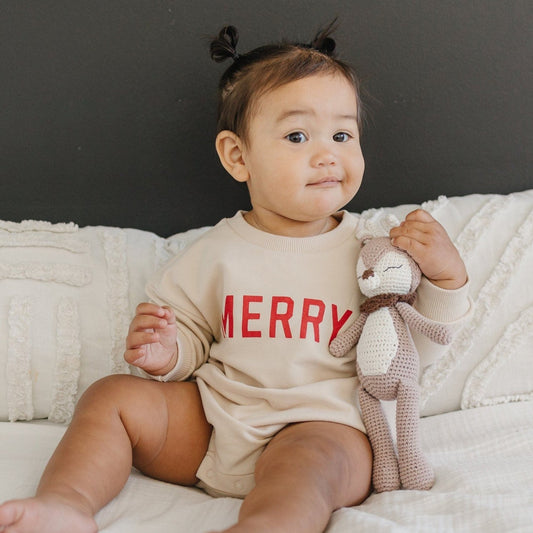 MERRY Graphic Organic Cotton Oversized Sweatshirt Romper - Baby Boy Bubble Romper - Baby Girl Outfit - Christmas Baby Outfit Winter Xmas