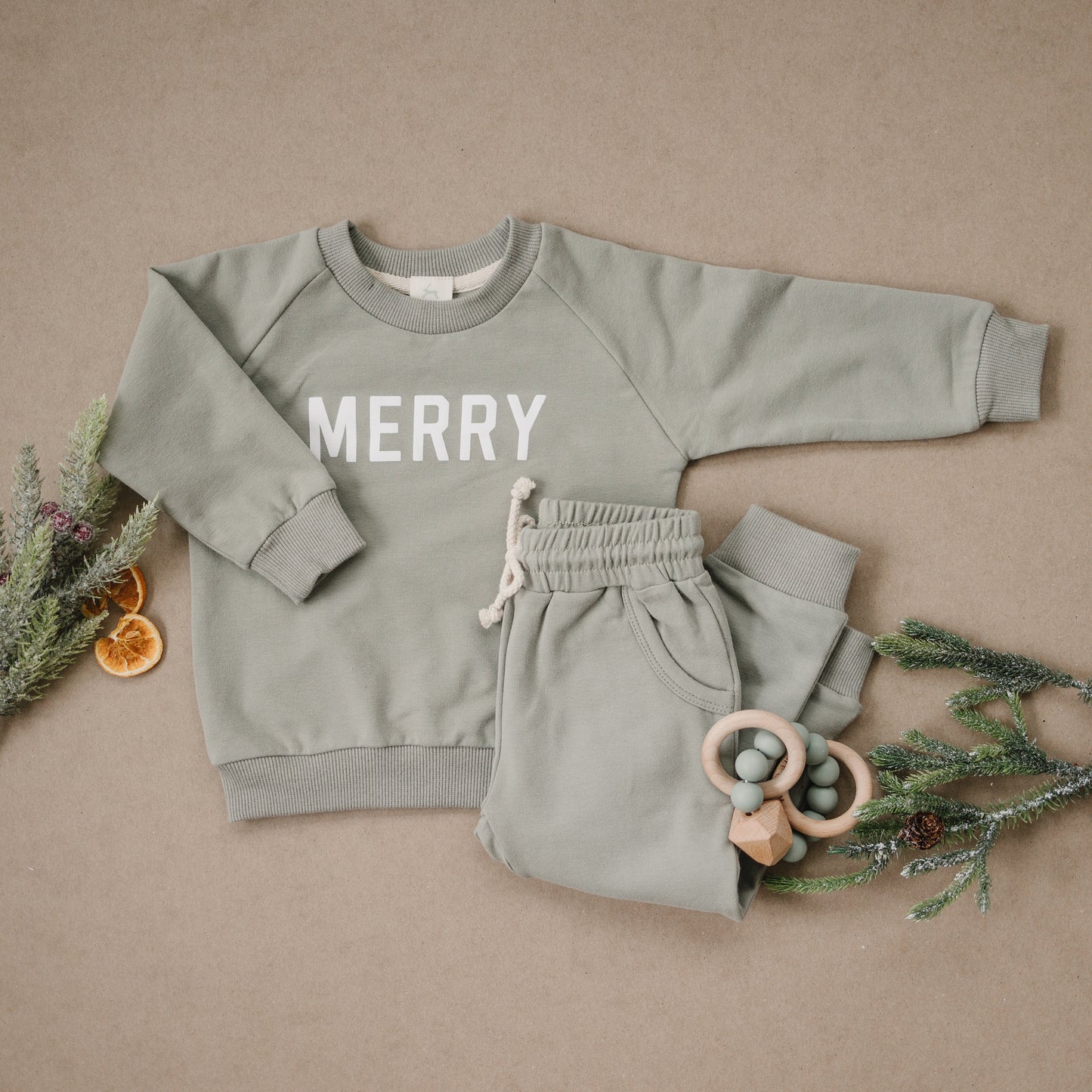 MERRY Graphic Organic Cotton 2pc Jogger Set - Baby Sweatsuit - Crewneck Sweatshirt & Pants - Christmas Baby Outfit Winter - Girl Boy Outfit