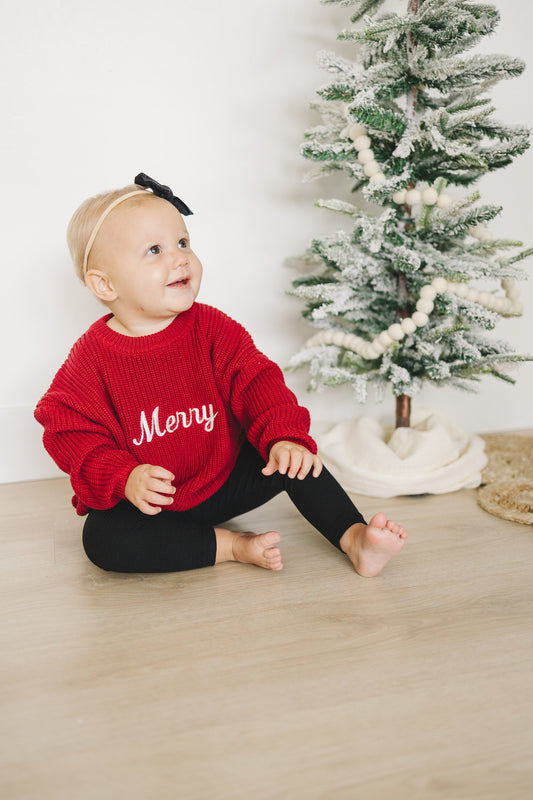 Merry Embroidered Oversized Chunky Knit Sweater - Red Christmas Sweater - Girl Boy Baby Toddler - Merry Christmas - Xmas Theme