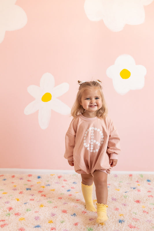 Daisy Peace Sign Graphic Oversized Sweatshirt Romper - Bubble Romper - Baby Girl Clothes - Baby Girl Outfit - Retro Flower Groovy