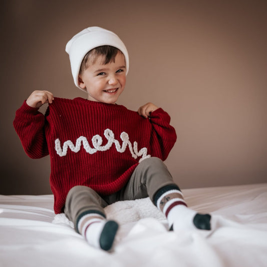 Merry Hand Embroidered Chunky Knit Sweater for Babies & Toddlers - Christmas Embroidered Baby Sweater - Baby Boy or Girl - Red