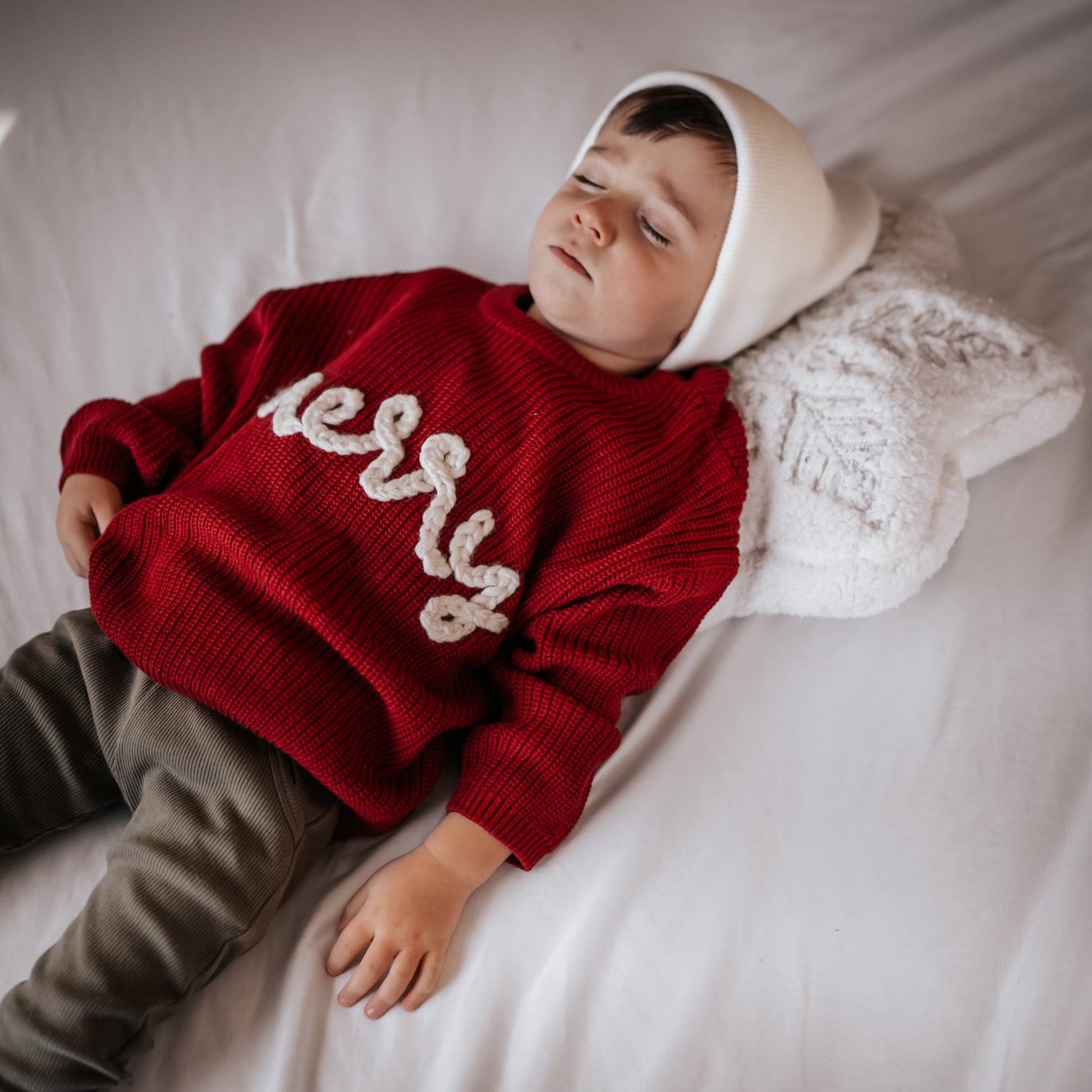 Merry Hand Embroidered Chunky Knit Sweater for Babies & Toddlers - Christmas Embroidered Baby Sweater - Baby Boy or Girl - Red