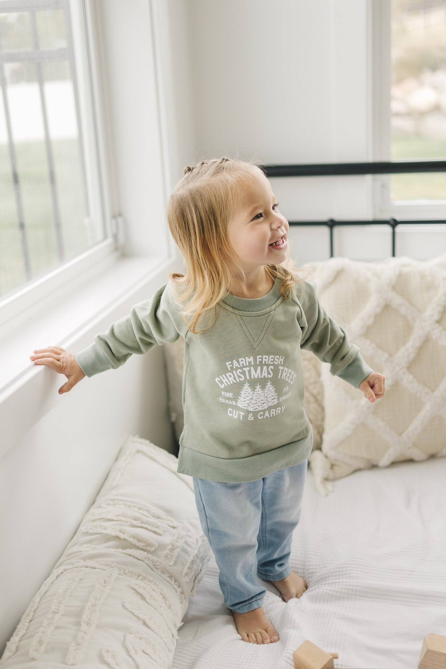 Farm Fresh Christmas Trees Graphic Crewneck Sweatshirt - Baby and Toddler Boy or Girl Outfit - Sweatshirt Shirt Outfit - Winter Crew Neck