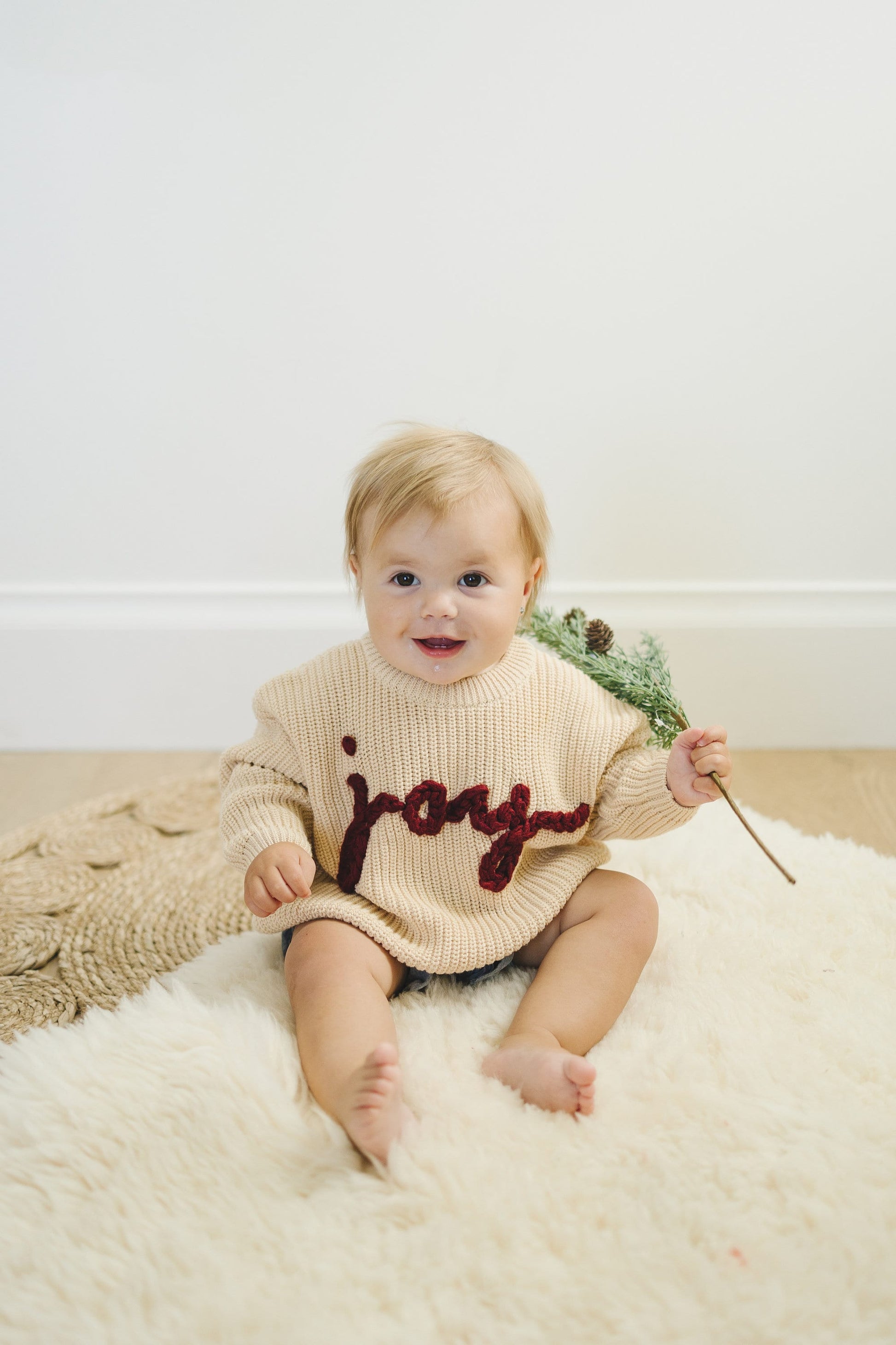 Joy Hand Embroidered Chunky Knit Sweater for Babies & Toddlers - Christmas Embroidered Baby Sweater - Baby Boy or Girl