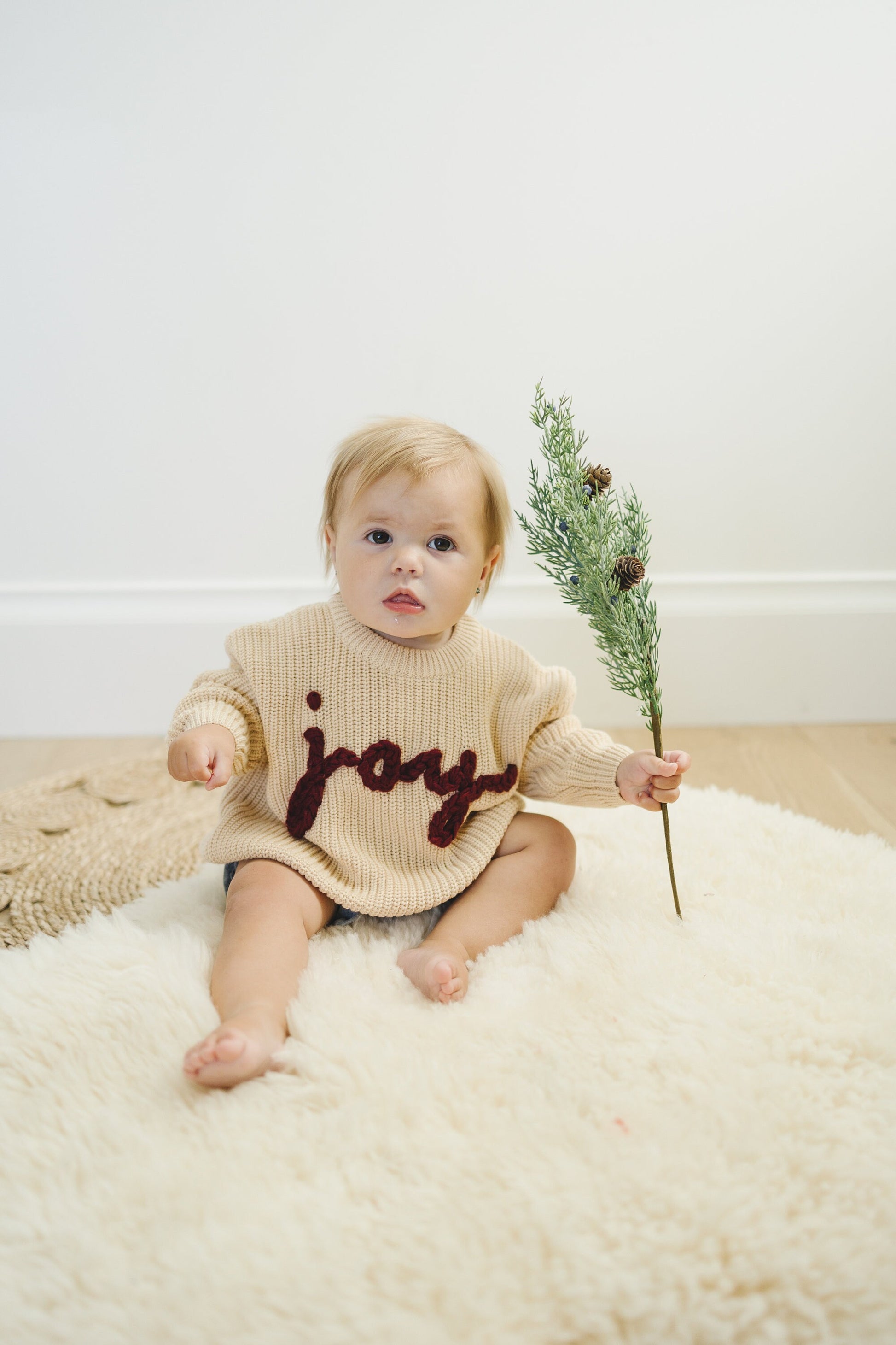 Joy Hand Embroidered Chunky Knit Sweater for Babies & Toddlers - Christmas Embroidered Baby Sweater - Baby Boy or Girl