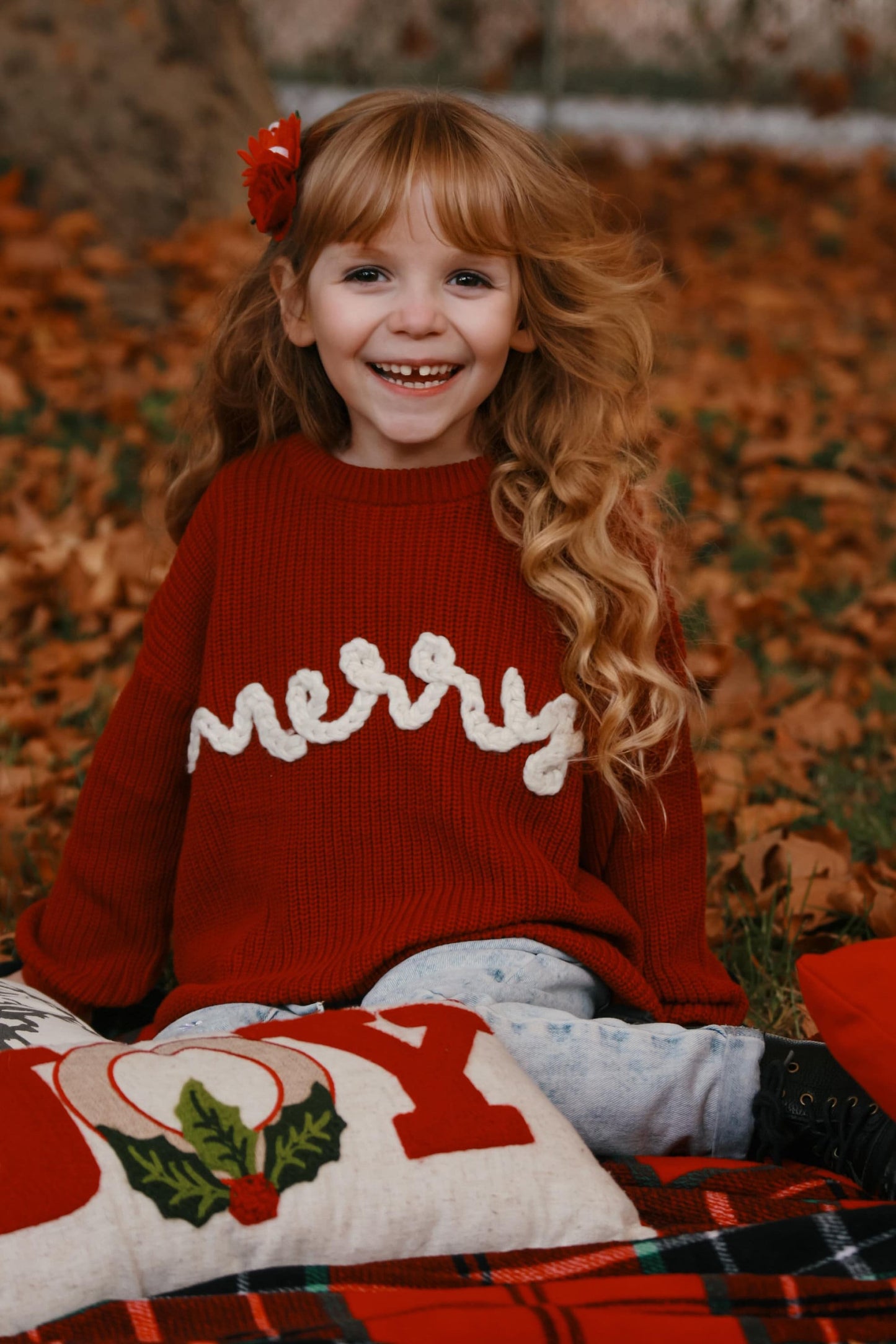Merry Hand Embroidered Chunky Knit Sweater for Babies & Toddlers - Christmas Embroidered Baby Sweater - Baby Boy or Girl - Red