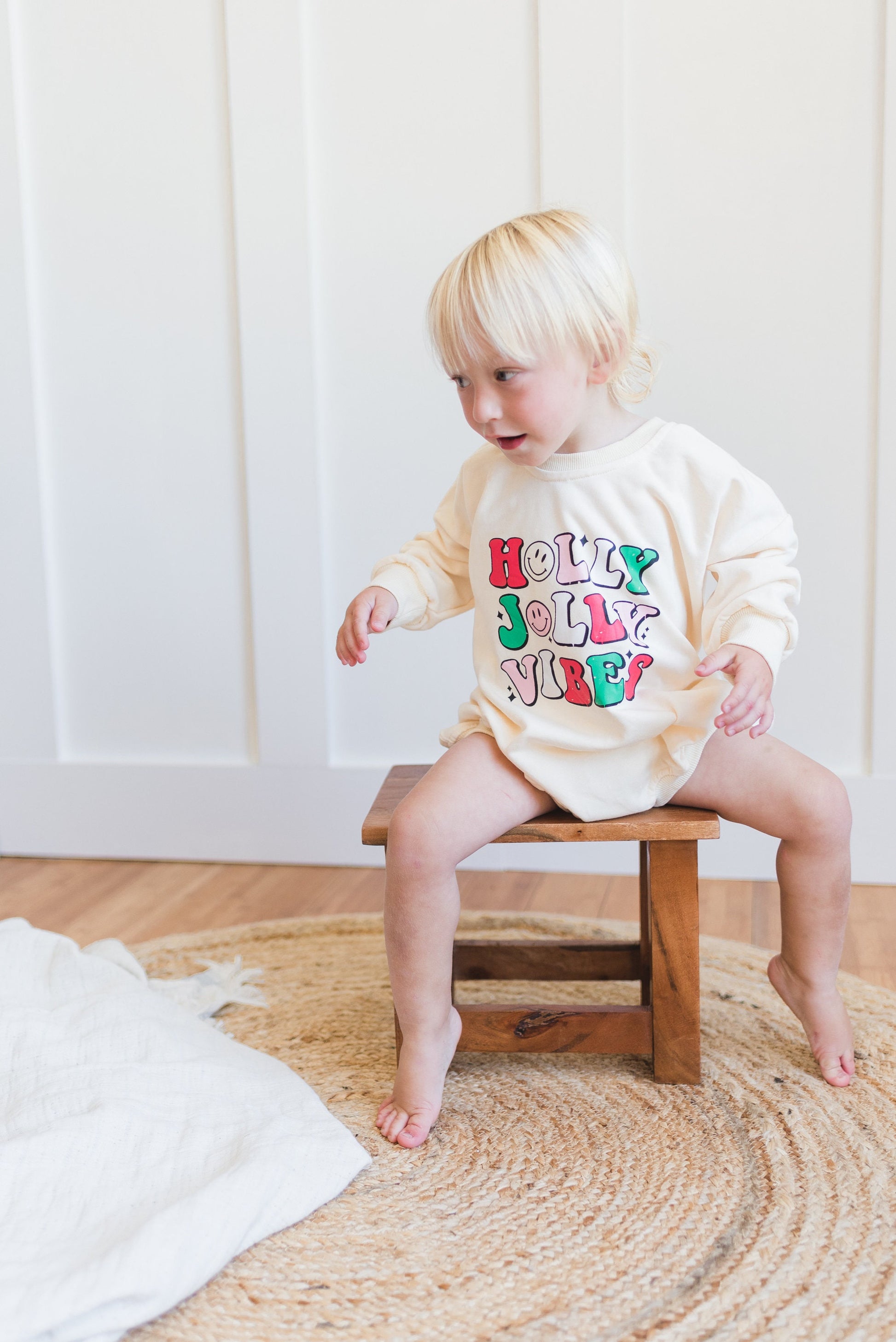 HOLLY JOLLY VIBES Christmas Graphic Oversized Sweatshirt Romper - Baby Bubble Romper - Bubble Romper - Baby Boy Outfit - Baby Girl - Retro