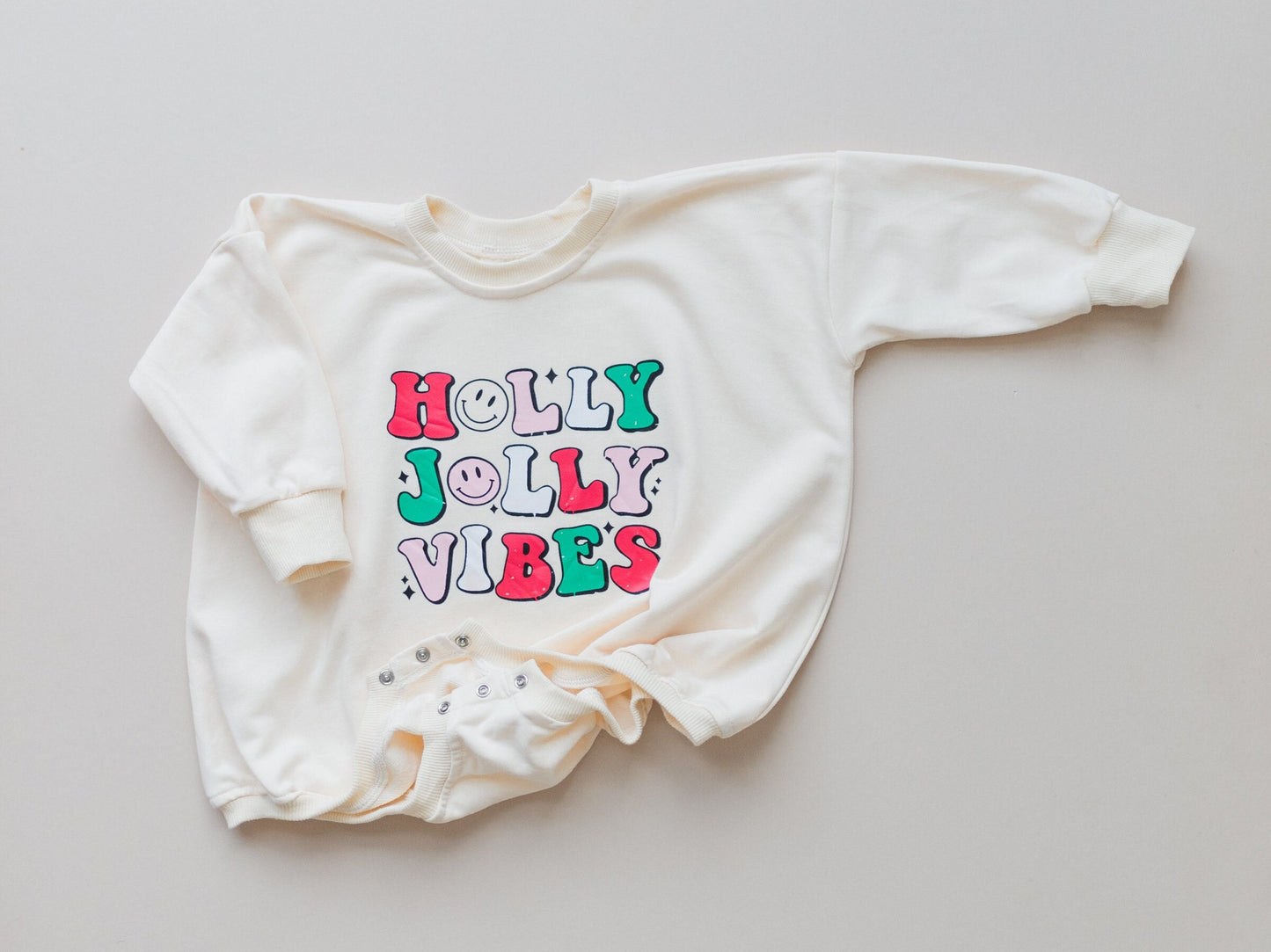 HOLLY JOLLY VIBES Christmas Graphic Oversized Sweatshirt Romper - Baby Bubble Romper - Bubble Romper - Baby Boy Outfit - Baby Girl - Retro