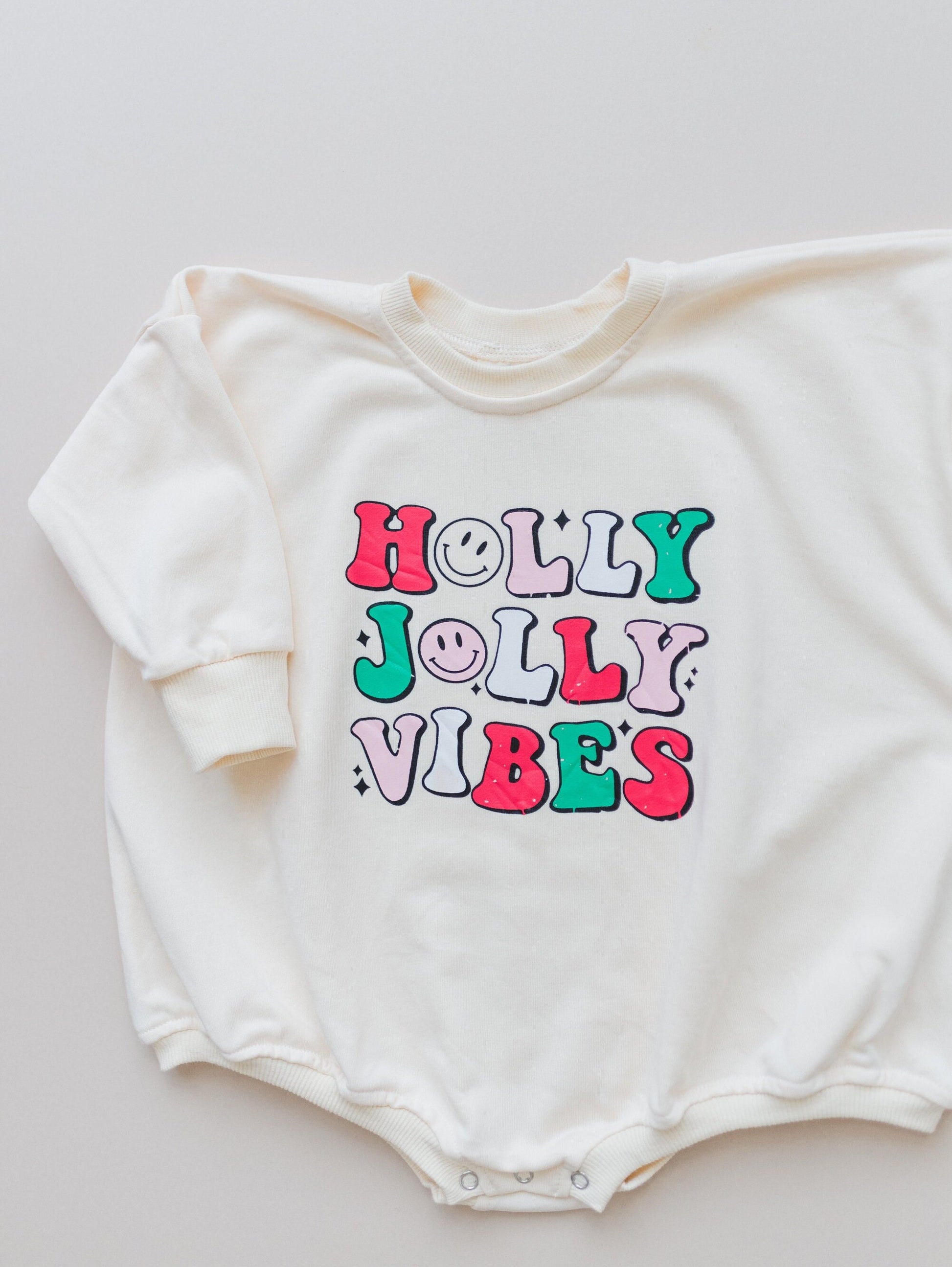 HOLLY JOLLY VIBES Christmas Graphic Oversized Sweatshirt Romper - Baby Bubble Romper - Bubble Romper - Baby Boy Outfit - Baby Girl - Retro